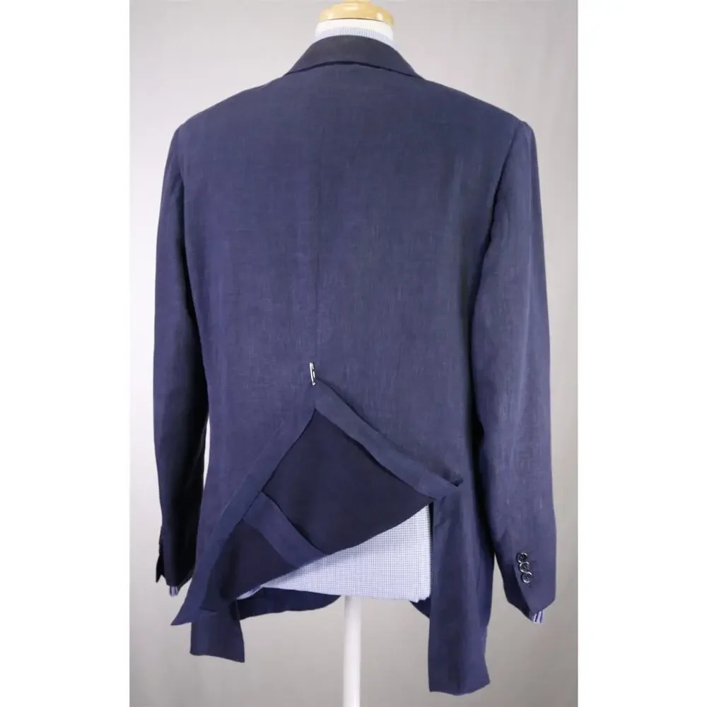 Trillon by Belvest Blue Wool Linen Silk Patch Pocket 3/2 Roll Blazer Jacket 44R